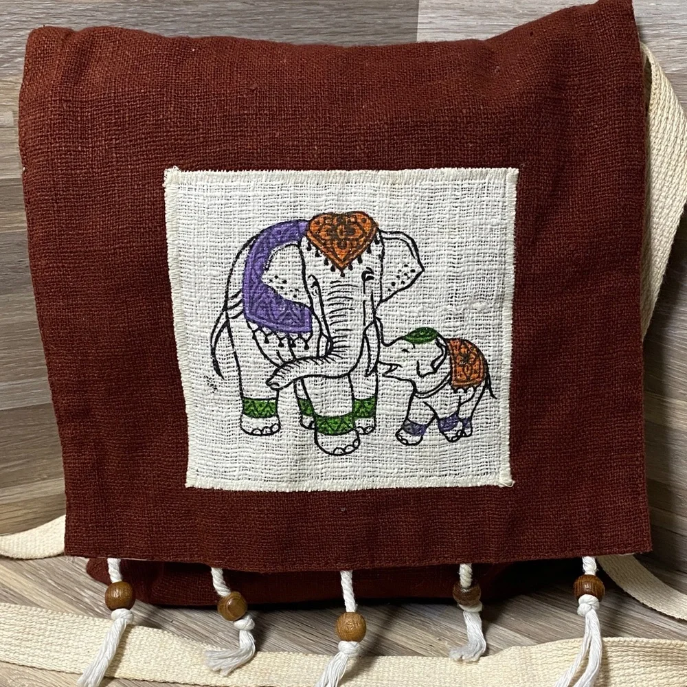 Elephant Embroidered Brown Crossbody Bag